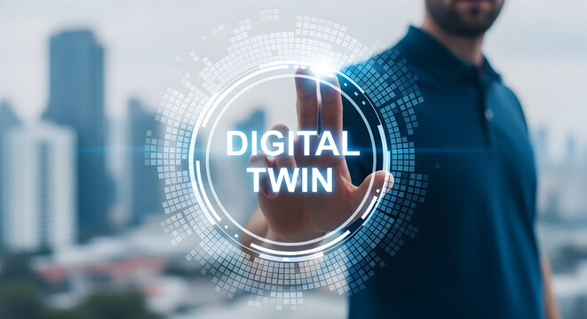 Man interacts with a digital twin interface over a blurred cityscape showcasing technology and innovation in urban planning and virtual reality applications