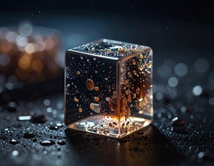 A close-up shot of a clear, cubic ice form with suspended particles on a dark surface