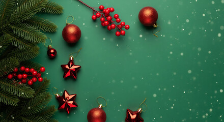 Festive Christmas background. Christmas ornaments and decorations arranged on a green background