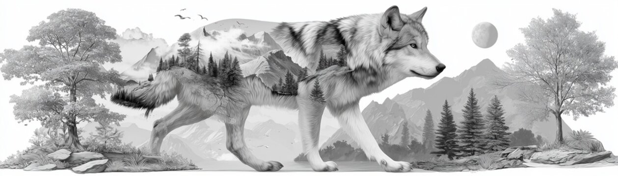 doodle line bold line for coloring practice. Double-exposure-themed wolf silhouette filled with mountains, moon, and trees in clean outline work, highly detailed 