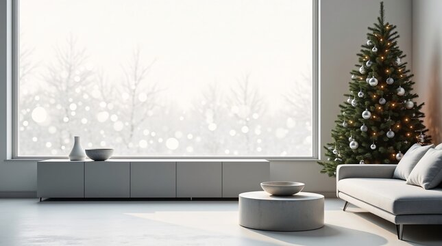A minimalist winter living room: neutral furniture, a lit Christmas tree, and snow falling outside a large window. - Powered by Adobe