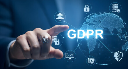 Hand interacting with GDPR icons and a digital globe representing data protection privacy compliance and cybersecurity in a modern technological environment