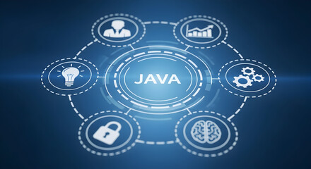 Java technology concept with icons representing business ideas security and analytics on a blue background showcasing innovation and digital transformation