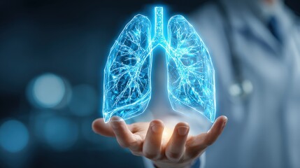 A futuristic representation of human lungs held in a hand, symbolizing health, technology, and medical innovation.