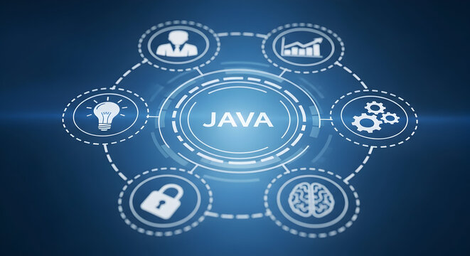 Java technology concept with icons representing business ideas security and analytics on a blue background showcasing innovation and digital transformation