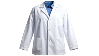 Formal white medical coat with blue shirt visible, isolated on black background