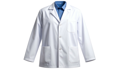 Formal white medical coat with blue shirt visible, isolated on black background