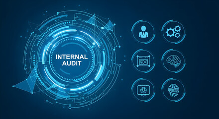 Internal audit concept with digital technology interface showing business analysis and data security on a dark blue background for financial compliance and risk management