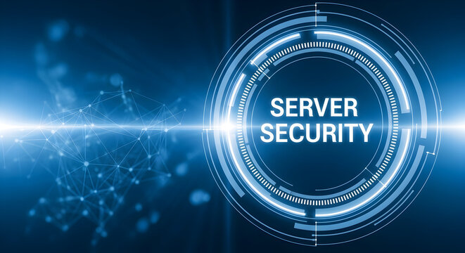 Server security concept featuring a glowing digital interface with network connections and data protection elements on a dark blue background for cybersecurity solutions