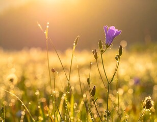 Sunny morning field with a delicate purple flower in focus