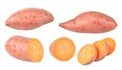 Assortment of sweet potatoes, whole and sliced, on black background