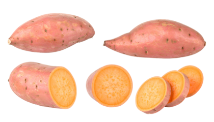 Assortment of sweet potatoes, whole and sliced, on black background