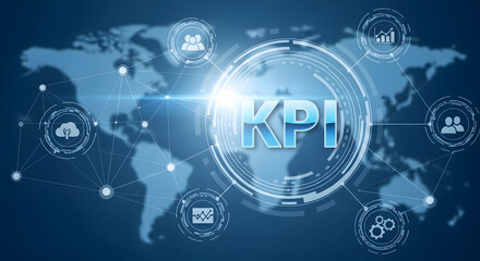 Kpi key performance indicator business strategy concept with world map background and connected icons representing data analytics and global network connections