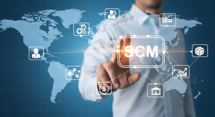 Man interacts with a digital SCM interface over a world map background showcasing supply chain management and global business connectivity with modern technology