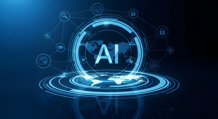 Futuristic ai technology concept with glowing blue digital interface and world map representing artificial intelligence and global connectivity in a modern design