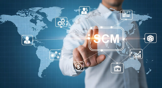 Man interacts with a digital SCM interface over a world map background showcasing supply chain management and global business connectivity with modern technology - Powered by Adobe