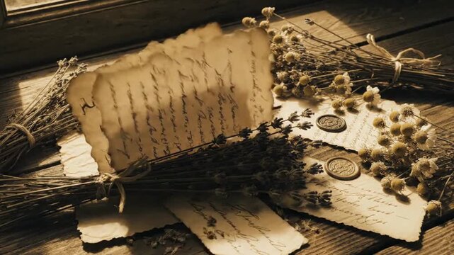 Vintage Love Letter on Wooden Table with Dried Flowers
