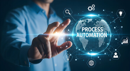 Man interacts with a digital globe displaying "Process Automation" and related icons representing modern technology and business solutions for efficiency and innovation