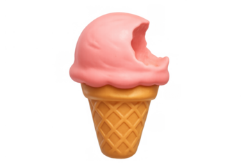 Pink bitten ice cream cone in a waffle cone simulating a sweet snack, representing childhood and summer dessert fun