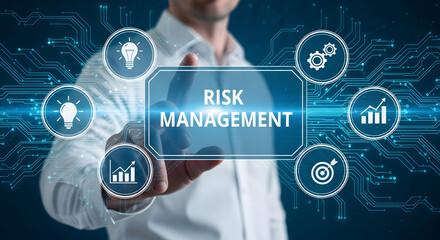 Man interacts with a digital risk management interface featuring icons for ideas strategy growth and targets on a futuristic blue circuit board background