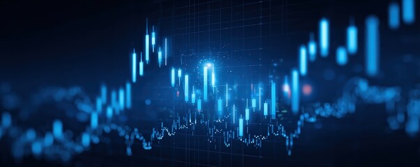 A digital representation of a financial chart showcasing fluctuating market trends with blue tones and grid lines.