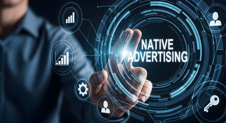 Man interacts with a native advertising interface highlighting digital marketing data analytics and targeted campaigns for business growth and online success