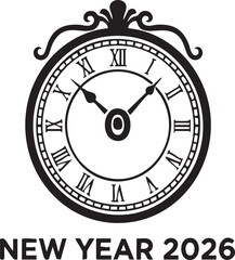 New Year 2026 Countdown Clock Silhouette &ndash; Black Line Vector Illustration with Roman Numerals and Festive Typography