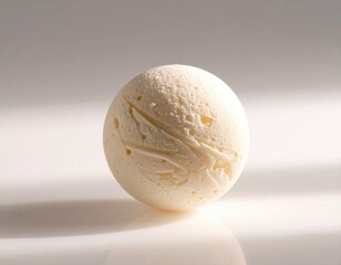 A single scoop of creamy, pale yellow dessert on a glossy, white surface. Close-up photo