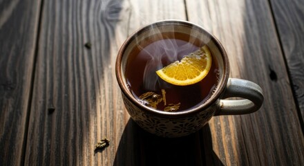 Steaming dark tea with orange slice in patterned mug on rustic wooden table