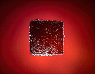 A red square submerged in water, surrounded by numerous floating bubbles, against a red backdrop
