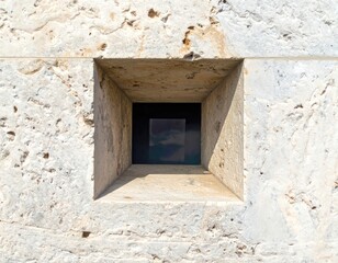 Close-up of a square aperture in a light-colored, textured stone wall