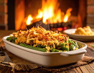 Close-up of green bean casserole with fried onions on top, a fireplace in the background