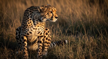 Naklejka premium A cheetah sits upright, observing its surroundings in tall, golden grasses
