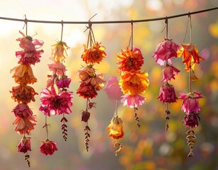 Colorful dried flowers hanging from a string line with blurred background in the sun