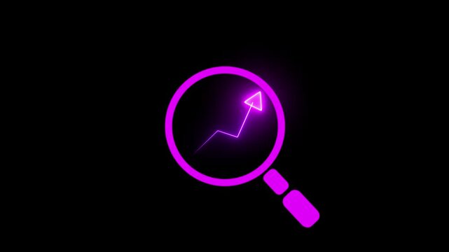 A black and white vector-style magnifying glass with a bar chart and upward arrow inside, symbolizing business growth, financial analysis, data analytics, market research, and investment