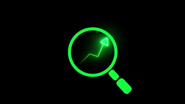 A black and white vector-style magnifying glass with a bar chart and upward arrow inside, symbolizing business growth, financial analysis, data analytics, market research, and investment