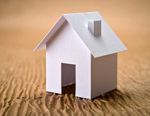 A small white paper house model sits on textured brown paper. Close-up photo highlights details