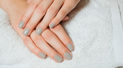 Elegant hands with perfectly manicured light grey nails resting on a soft white towel