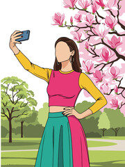 Flat modern portrait of a fashionable woman taking a selfie near blooming magnolia trees wearing denim jacket and headband. Ideal for lifestyle, social media, and spring fashion visuals
