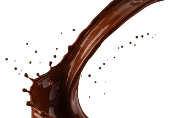 A viscous, highly reflective stream of pure dark chocolate, frozen in a dynamic parabolic arc with suspended droplets, macro lens, white studio background. Concept for premium food advertising