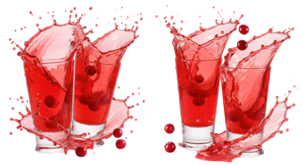high-speed macro visualization of ruby-red cranberry juice splashing dramatically around two highball glasses and fresh cranberries on a transparent background, frozen motion, rim light. concept for