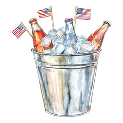 Watercolor Rustic Metal Bucket with Beer Bottles Ice and American Flags Clipart Vector  © Sajana Jayathissa