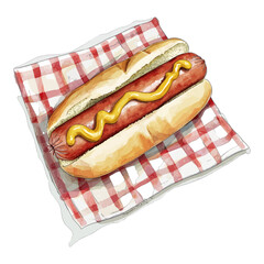 Watercolor Hot Dog with Mustard on Red Gingham Napkin Clipart Vector Illustration
