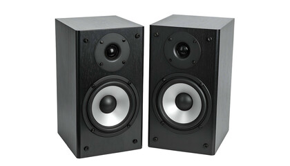 Fototapeta premium Pair of black rectangular speakers with silver cones, angled and isolated on black background