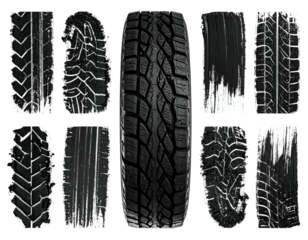 Collage of tire treads and a centered tire, isolated with varying textures in black