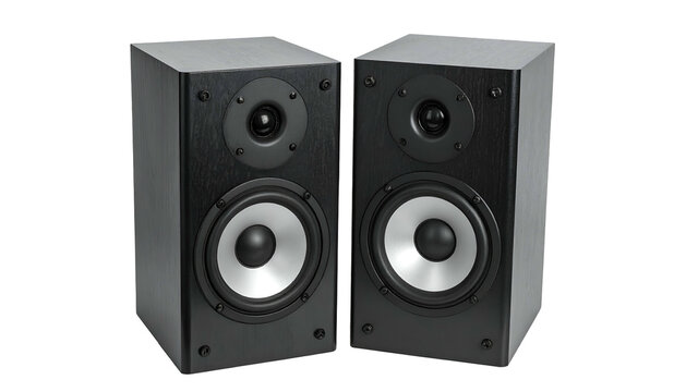 Pair of black rectangular speakers with silver cones, angled and isolated on black background