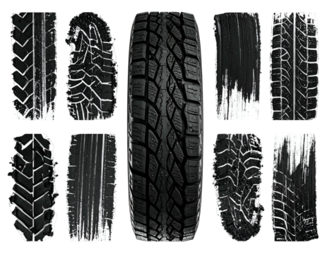 Collage of tire treads and a centered tire, isolated with varying textures in black - Powered by Adobe