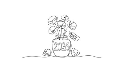 Flower vase and Happy New Year 2026 line art 
