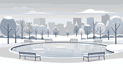 Enjoy the stillness of winter in a snow-covered urban park with a frozen pond and city skyline, perfect for holiday designs and seasonal campaigns