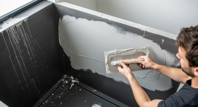 Highangle shot of a microcement bathroom shower stall midapplication focusing on wet cement being evenly spread by a stainless steel trowel.